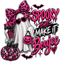 Boujee ghost kids Halloween design with hot pink leopard bow, heart sunglasses, tumbler, pumpkin bucket, disco pumpkin, bats, and spooky but make it boujee lettering