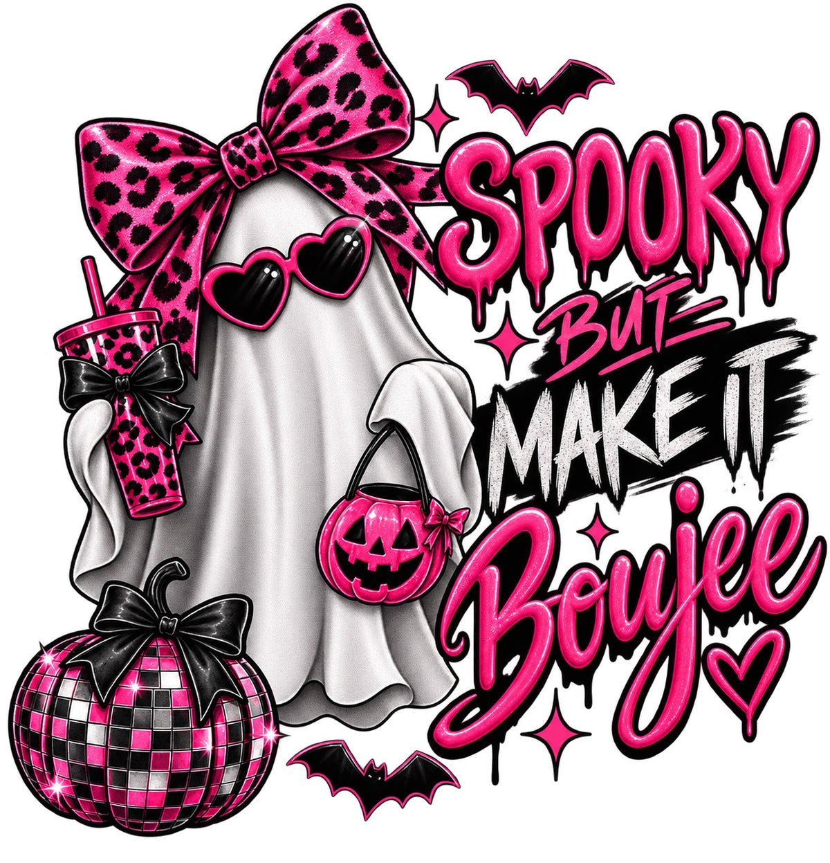 Boujee ghost kids Halloween design with hot pink leopard bow, heart sunglasses, tumbler, pumpkin bucket, disco pumpkin, bats, and spooky but make it boujee lettering
