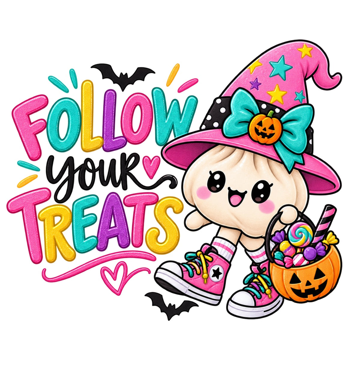 Follow Your Treats kids Halloween design with colorful lettering, cute witch character, pink hat, teal bow, candy bucket, bats, and bright candy colors