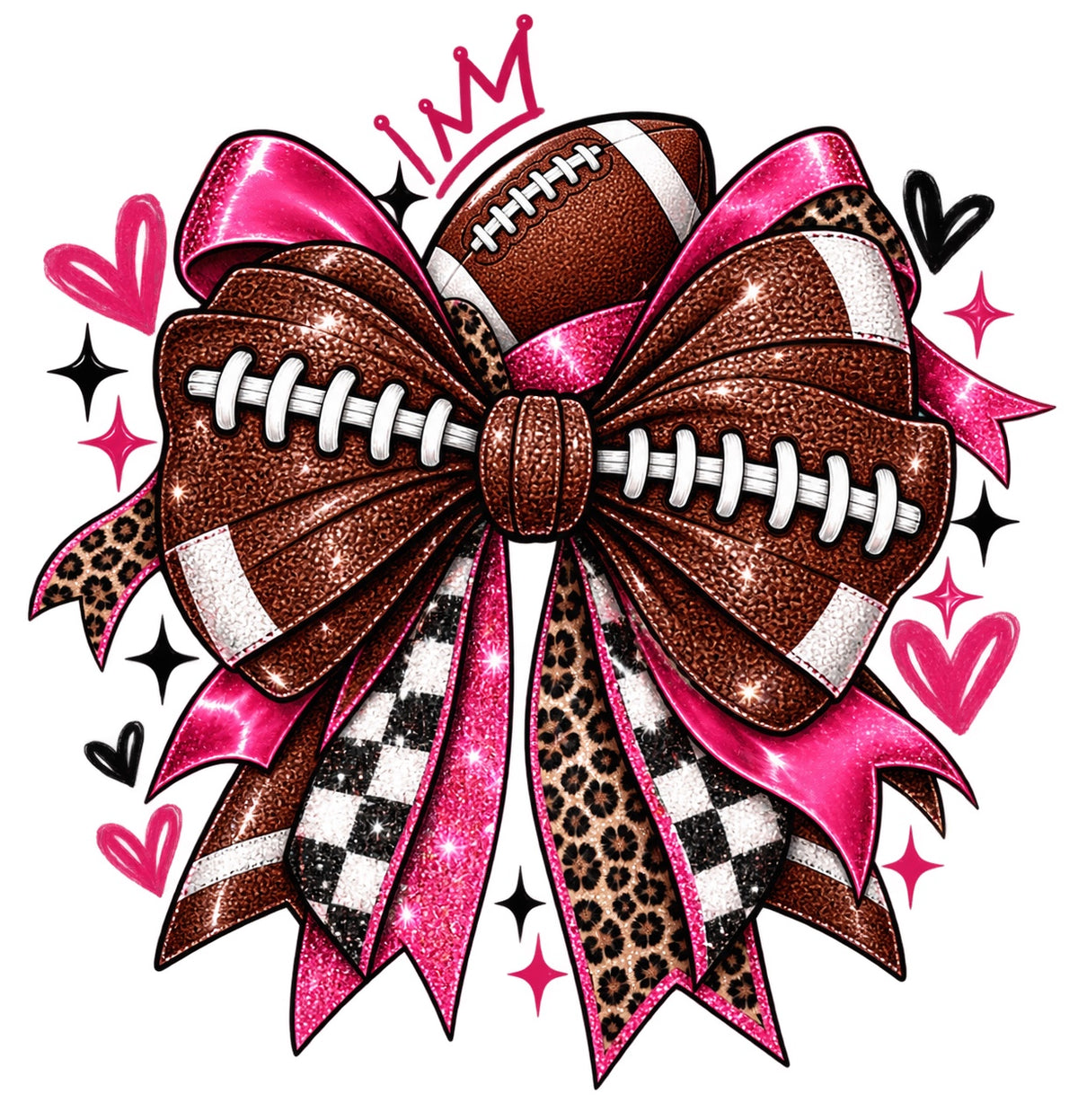 Game Day Bow kids football graphic with pink glitter bow, football texture, checkerboard and leopard ribbon accents