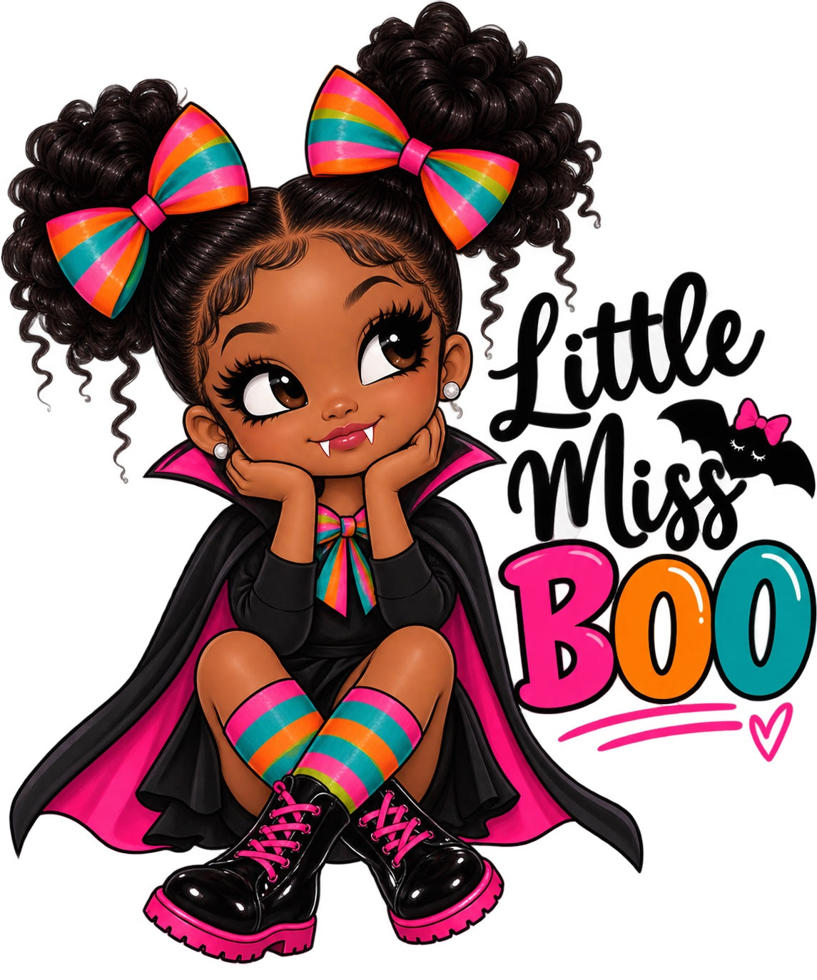 Little Miss Boo kids Halloween design with colorful bows, vampire cape, striped socks, boots, bat, and bright pink orange teal lettering