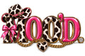 Moo'd western glam graphic with cow print lettering, hot pink accents, cowboy hat, bow, gold chain and rhinestones