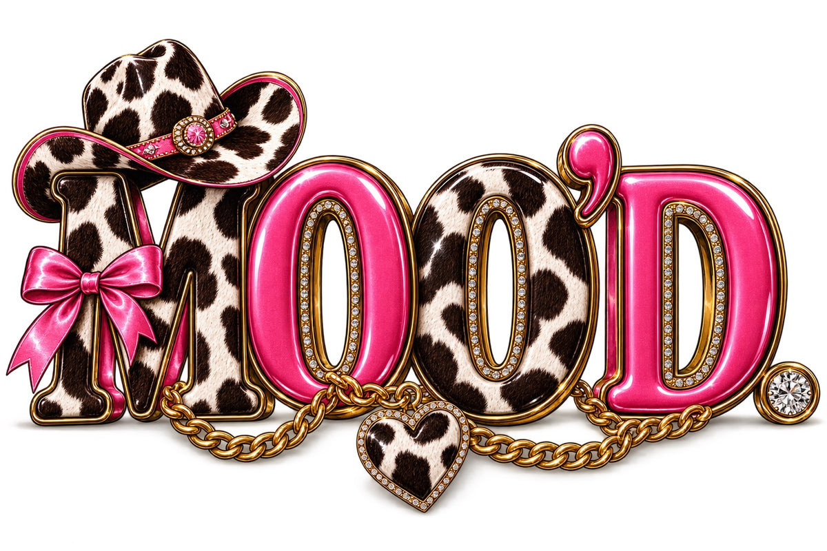 Moo'd western glam graphic with cow print lettering, hot pink accents, cowboy hat, bow, gold chain and rhinestones