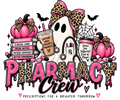 Pharmacy Crew Halloween design with ghost, pink pumpkins, pharmacy books, Rx bottle, pills, leopard bows, and bats