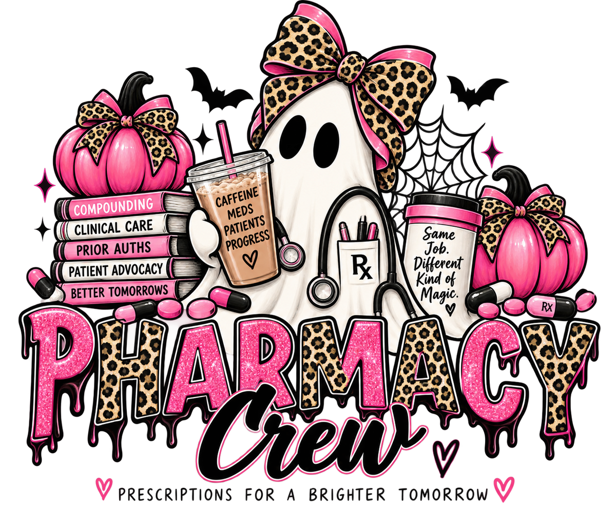Pharmacy Crew Halloween design with ghost, pink pumpkins, pharmacy books, Rx bottle, pills, leopard bows, and bats