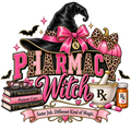 Pharmacy Witch Halloween design with pink and black witch hat, Rx bottle, mortar and pestle, pumpkin, bows, bats, and leopard accents