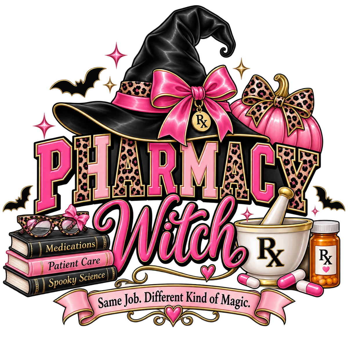 Pharmacy Witch Halloween design with pink and black witch hat, Rx bottle, mortar and pestle, pumpkin, bows, bats, and leopard accents