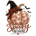 Spooky Season kids Halloween design with toile pumpkin, black witch hat, rust velvet bow, bats, and boutique fall styling