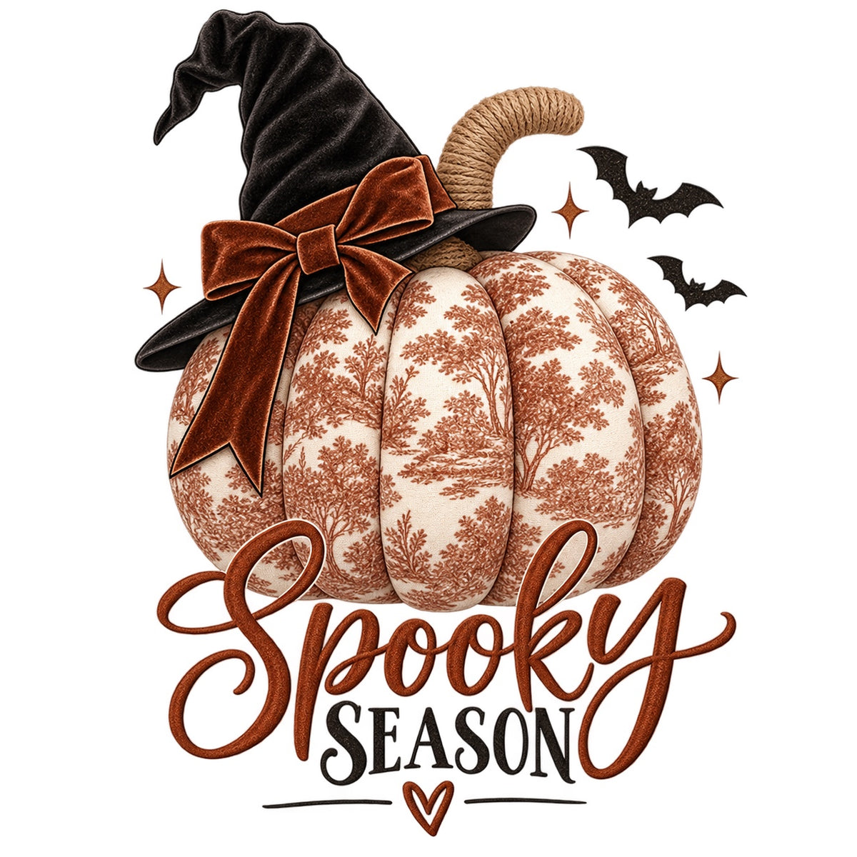 Spooky Season kids Halloween design with toile pumpkin, black witch hat, rust velvet bow, bats, and boutique fall styling