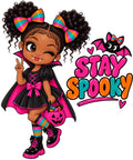 Stay Spooky kids Halloween design with cute vampire girl, colorful bows, bat, candy bucket, black and pink cape, striped socks, and bright pink orange teal lettering
