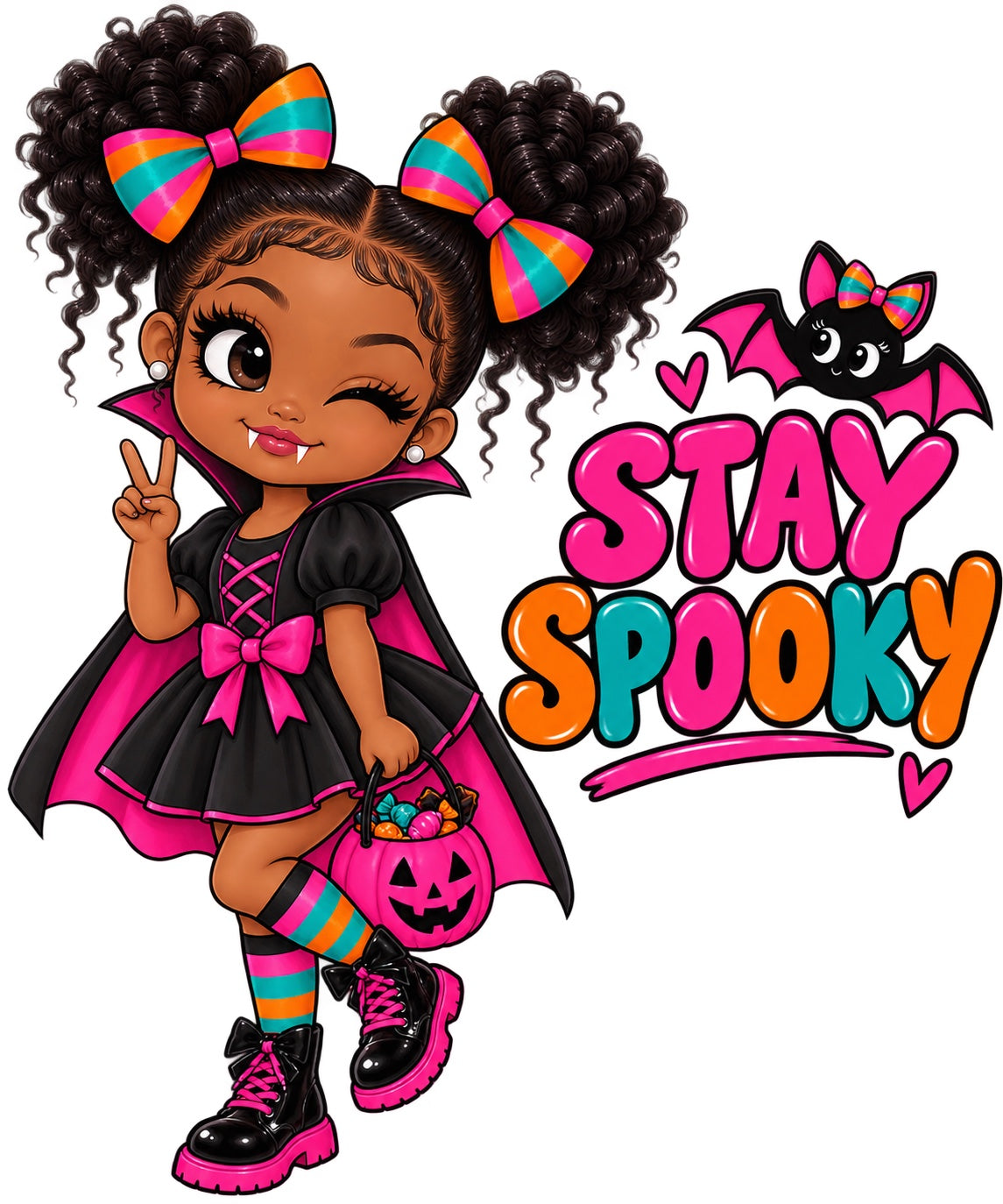 Stay Spooky kids Halloween design with cute vampire girl, colorful bows, bat, candy bucket, black and pink cape, striped socks, and bright pink orange teal lettering
