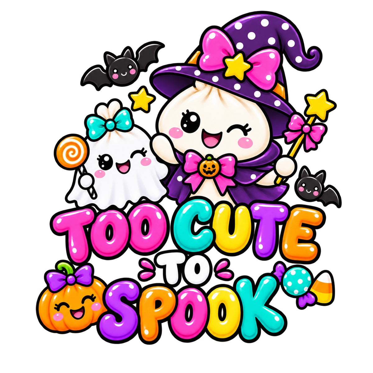 Too Cute to Spook kids Halloween design with cute witch character, ghost, bats, candy, pumpkin, and bright pink teal purple yellow orange lettering